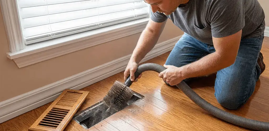Air duct cleaning technician vacuuming a floor vent and duct opening in Baltimore, MD