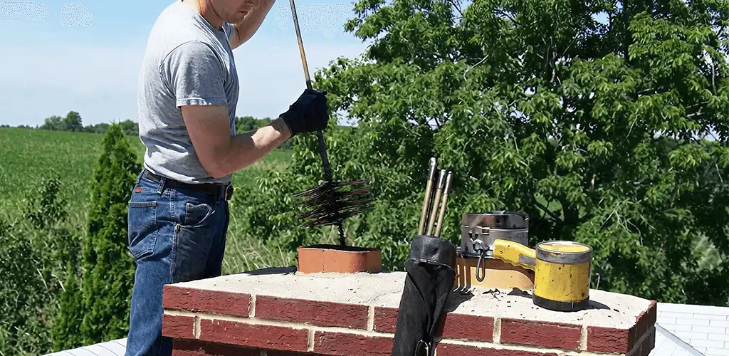 Chimney cleaning technician working on a rooftop chimney with professional tools in Baltimore, MD