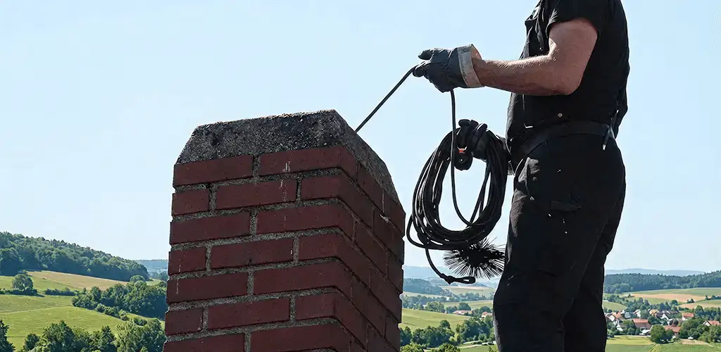Chimney sweep inspecting and cleaning a rooftop chimney in Baltimore, MD
