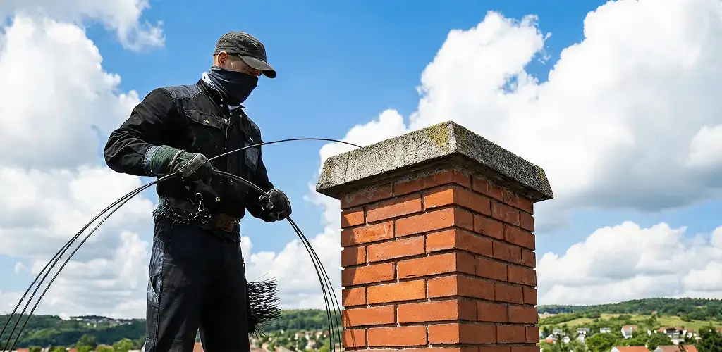 Chimney sweep cleaning a brick chimney with professional tools in Baltimore, MD