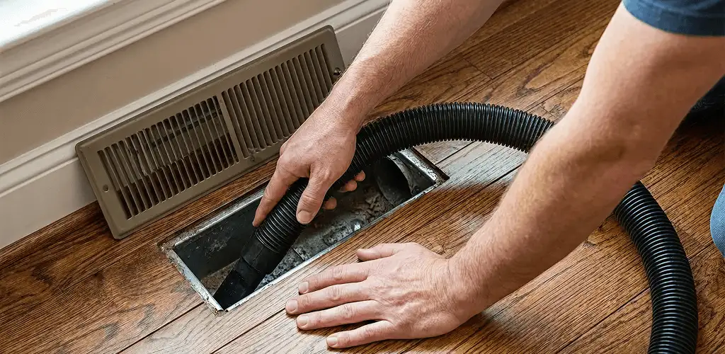Air duct cleaning technician vacuuming a floor register and duct opening in Baltimore, MD