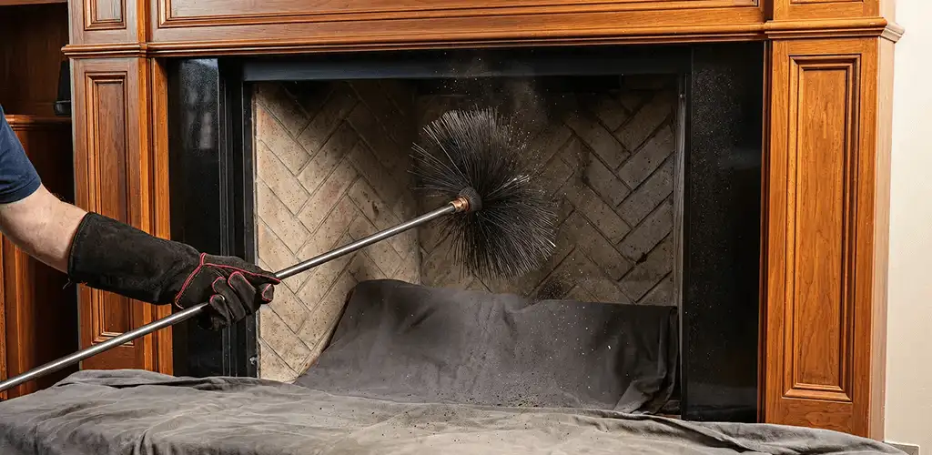 Chimney cleaning service brushing soot from a fireplace and flue in Baltimore, MD