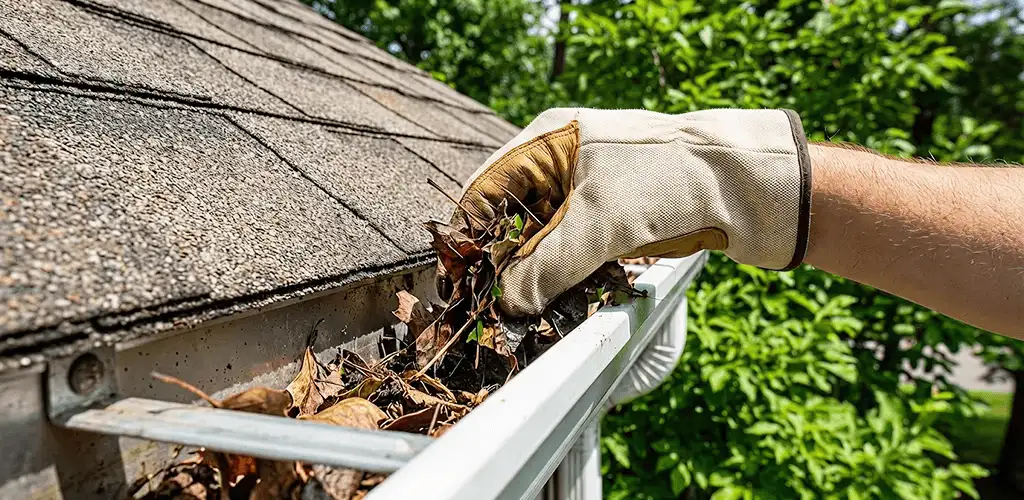 Gutter cleaning removing leaves and debris from roof gutters in Baltimore, MD