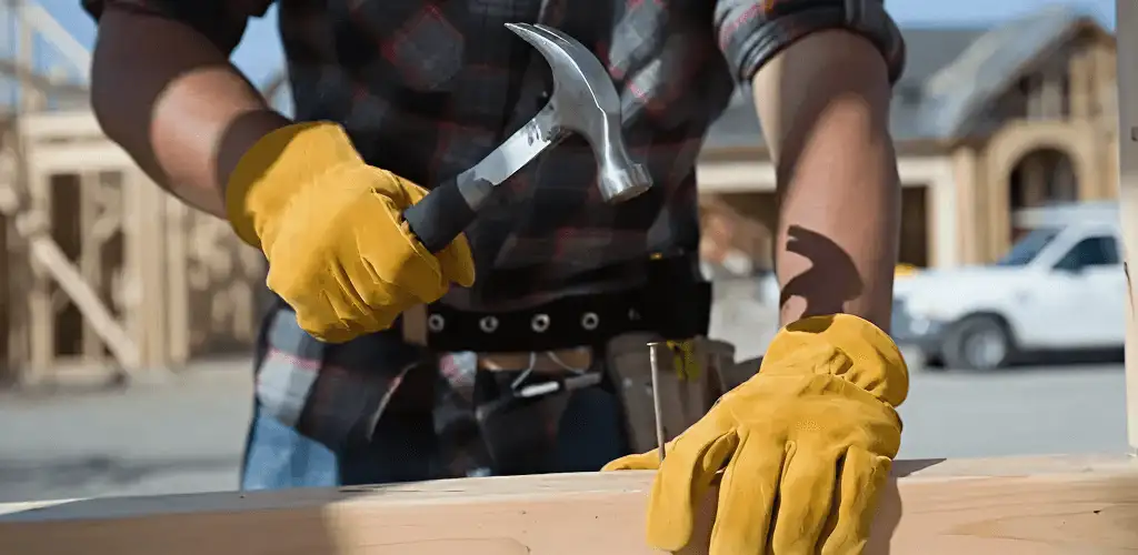 Handyman fixing wood trim with a hammer for home repairs in Baltimore, MD