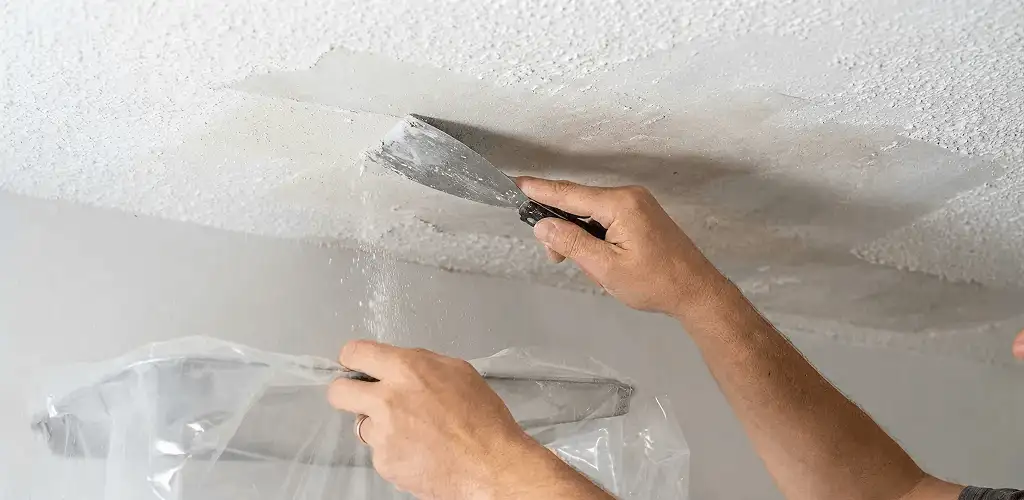 Popcorn ceiling removal technician scraping texture from a ceiling in Baltimore, MD