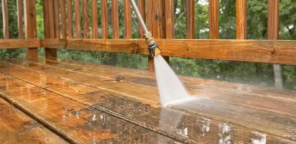 Pressure washing a wood deck to remove dirt and buildup in Baltimore, MD