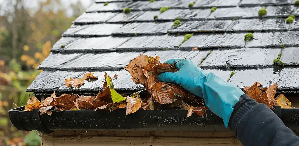 Gutter cleaning technician clearing wet leaves from roof gutters in Baltimore, MD