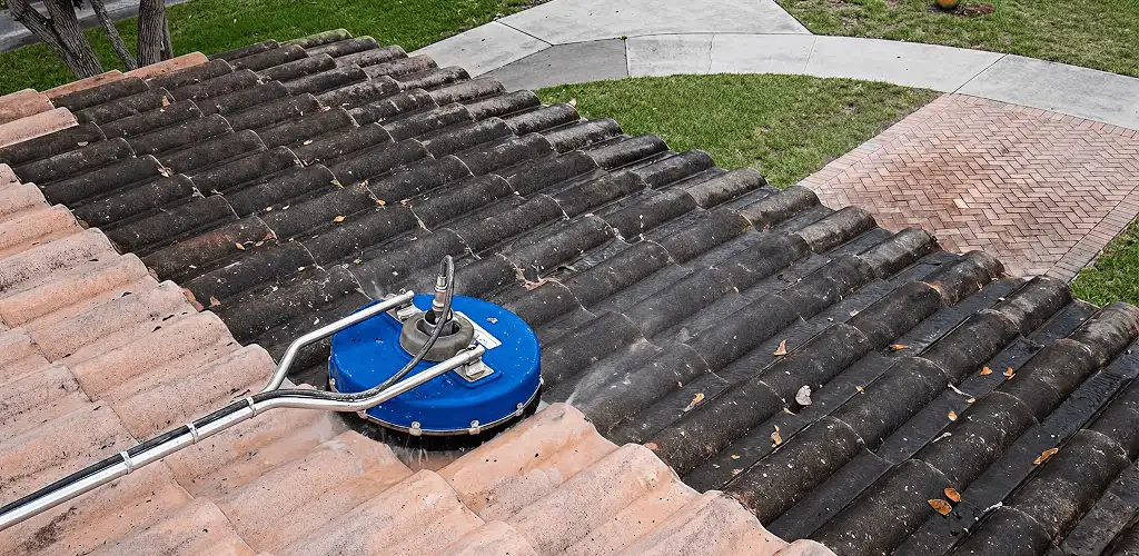 Roof pressure cleaning removing debris and buildup from roof tiles in Baltimore, MD