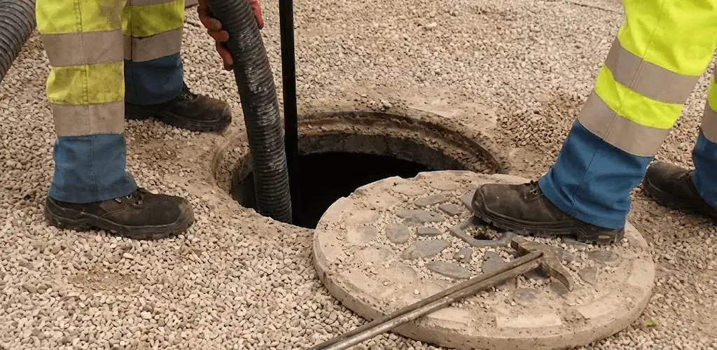 Drain cleaning crew clearing a sewer access point with professional equipment in Baltimore, MD