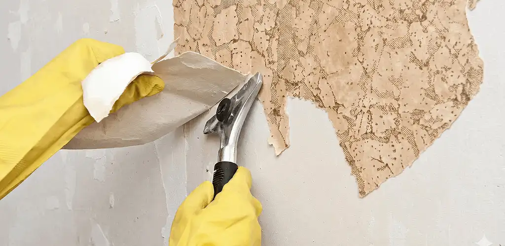 Wallpaper removal service stripping old wallpaper from a wall in Baltimore, MD