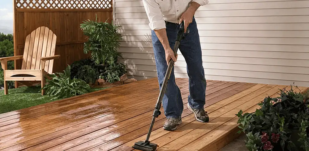Deck staining service applying stain to a backyard wood deck in Baltimore, MD